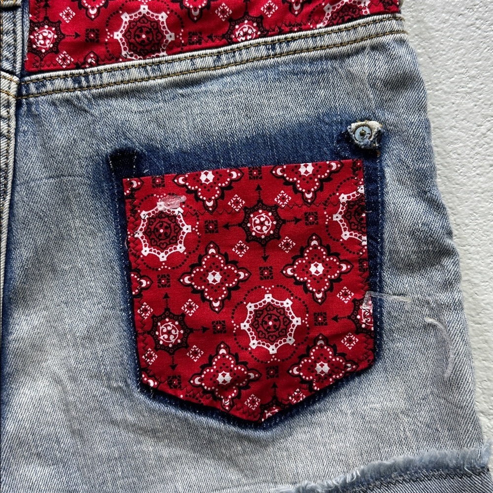 Pilcro by Anthropologie Jean Boho Fringe Denim Shorts w/ Red Bandana Detail - Picture 7 of 8